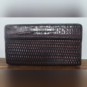 Brighton Brown & Black Woven Leather Bifold Wallet With Silver Detail 7"x4"